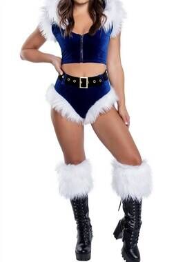 NEW J. VALENTINE fur trim high waist belted shorts in royal blue/white